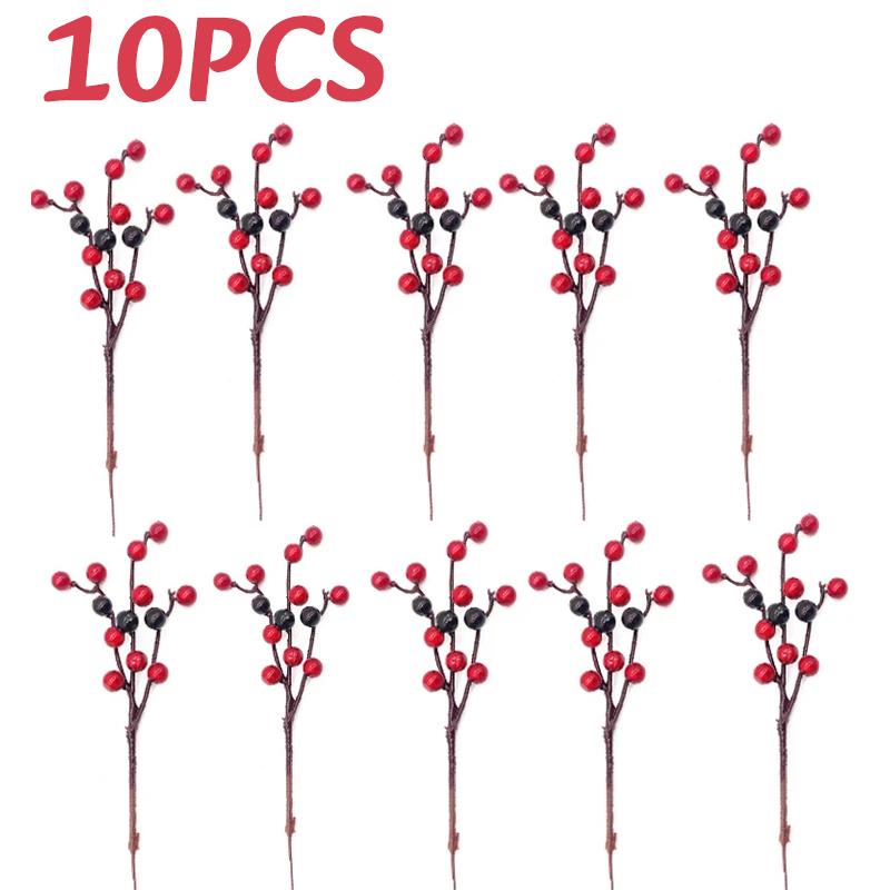 10PC Christmas Artificial Berries Branches Decor Xmas Red Berry Flowers Bouquet DIY Holiday Wreath Craft Home Party Ornament