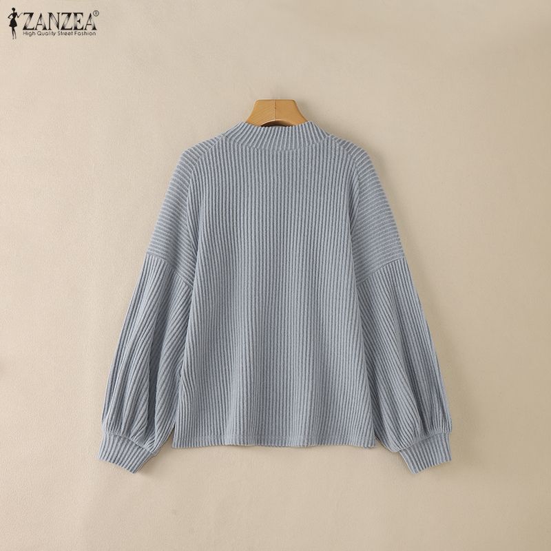 ZANZEA Autumn Women Bows Splice Crew Neck Long Sleeve Ribbed Texture Loose Blouse