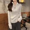Spring Korean Elegant Zip Neck Ribbed Slim Versatile Knit Top Long Sleeve Base Layer Women Fashion