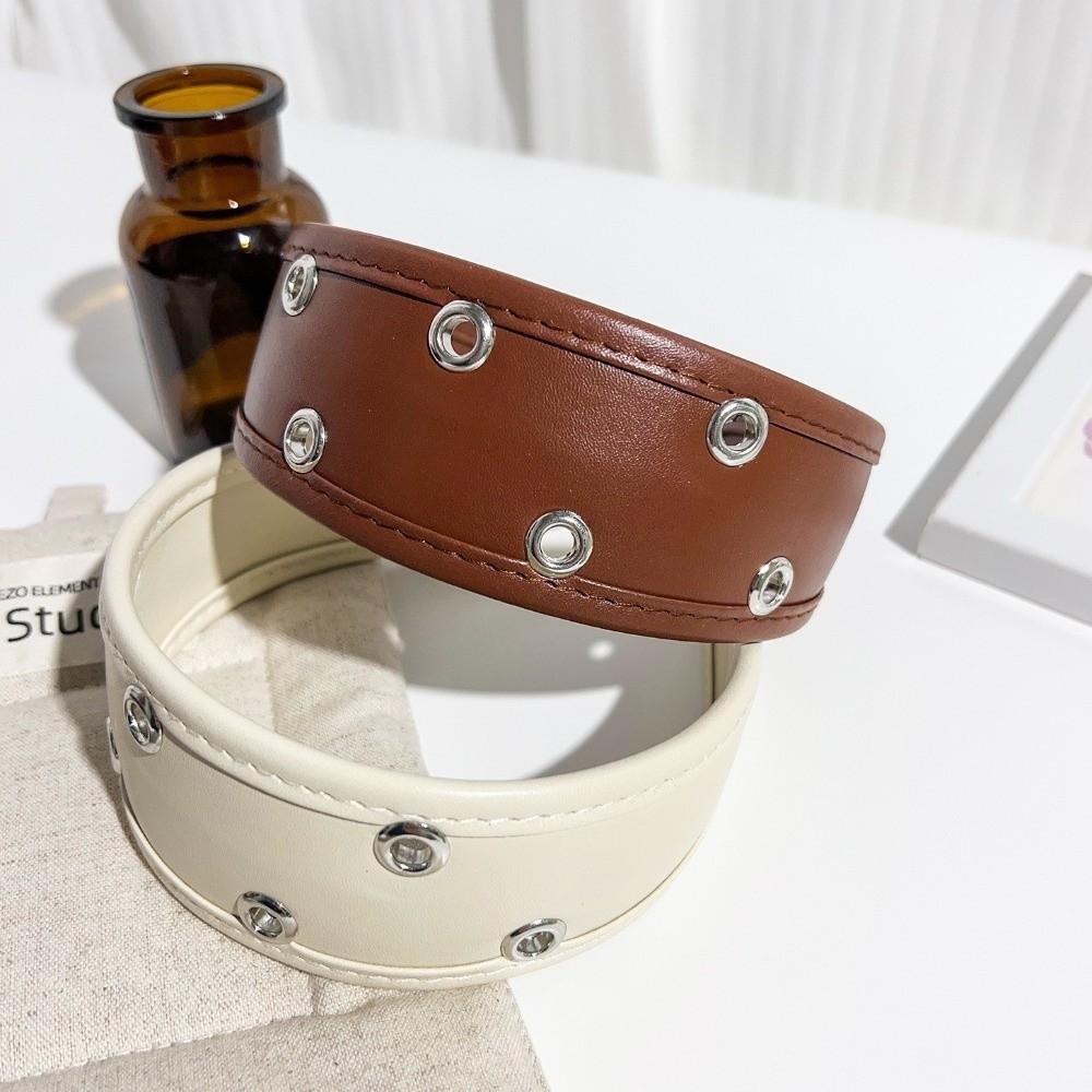 Punk Metal Rivets Headwear Black and Red Hollow Ring Hair Hoop Ins Leather Headband  Urban
