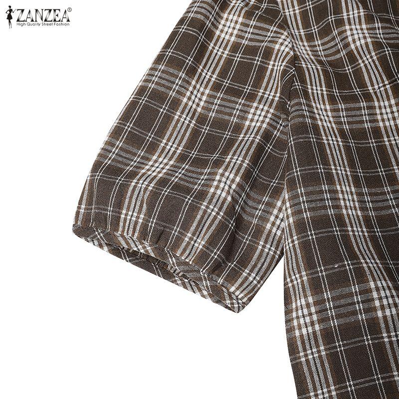 ZANZEA Womens Plaid Maxi Dress Casual V Neck Short Puff Sleeve Side Slit Vintage Loose Long Dresses
