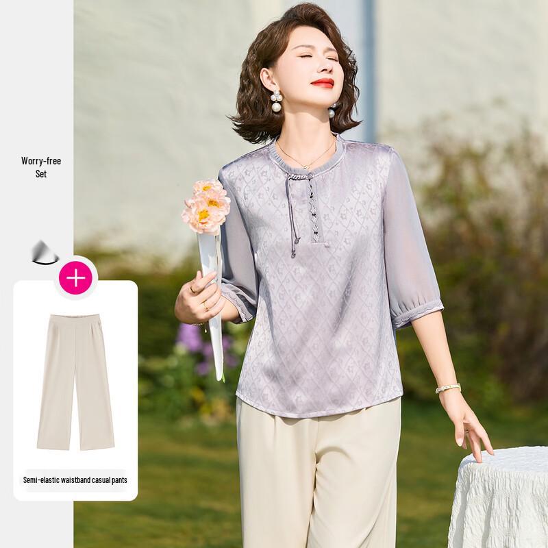 Women s Elegant Floral Stand-Collar Shirt & Pants Set 2XL