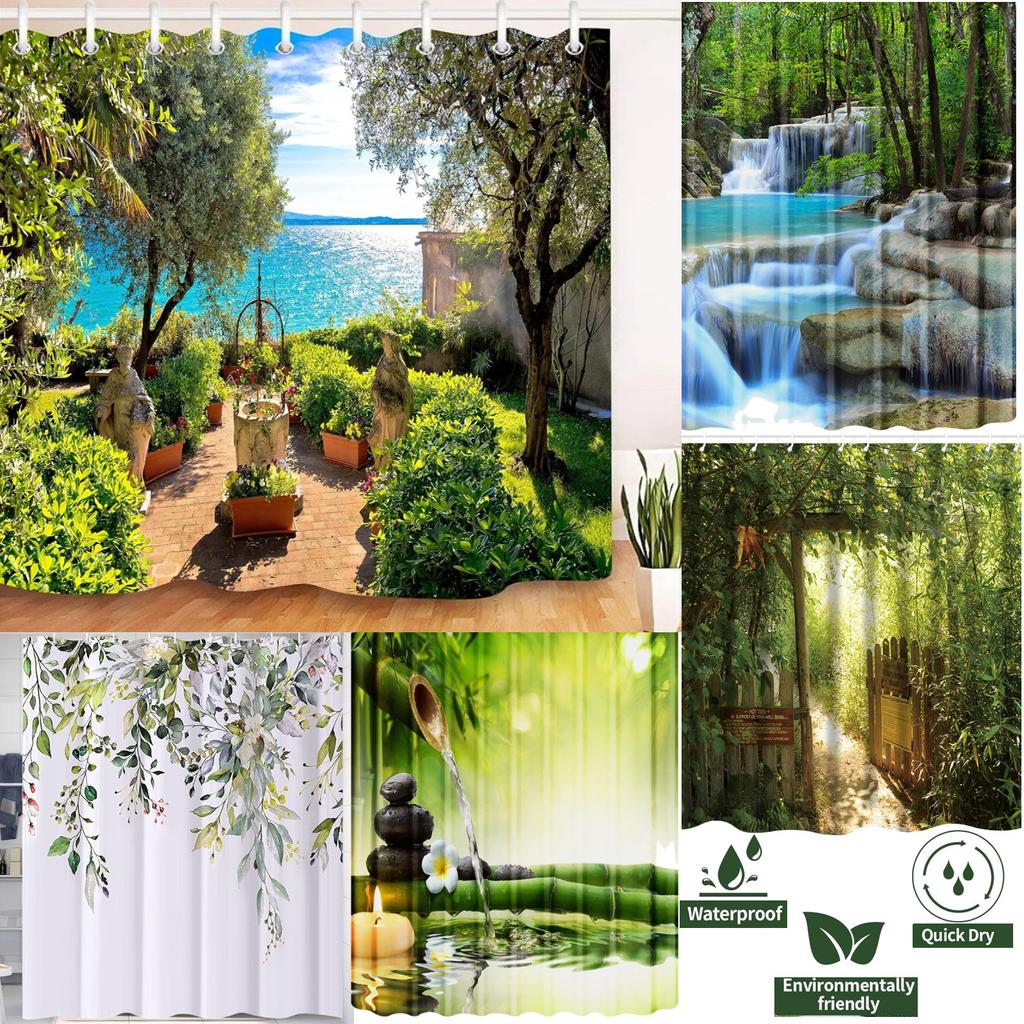 3D Printing Shower Curtain 180x180cm/180x200cm Window Scenery Green Plant Landscape Bathroom Curtains With Hooks Waterproof