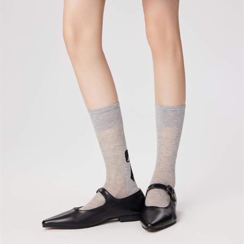 Cute Bowknot Pattern Long Calf Length Socks for Women and Girls Breathable Mesh Ribbed Student Cotton Stockings Hosiery
