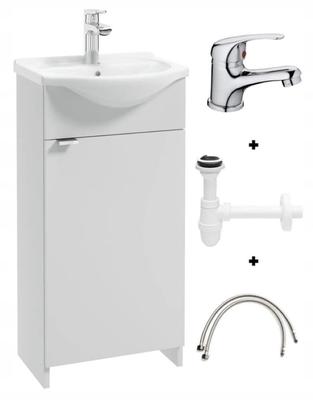 Meuble de salle de bain avec lavabo de 40 cm, autoportant, blanc, avec siphon et robinetterie chromée, Kredo