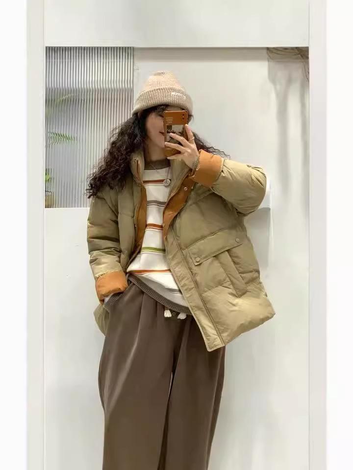 2024 Autumn/Winter European Style Mid-Length Stand Collar Color Block Duck Down Jacket for Women