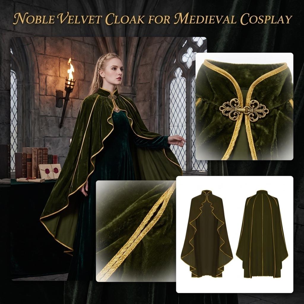 Women's Velvet Cape Coat with Stand Collar and Gold Trim Button Front for Halloween Costume