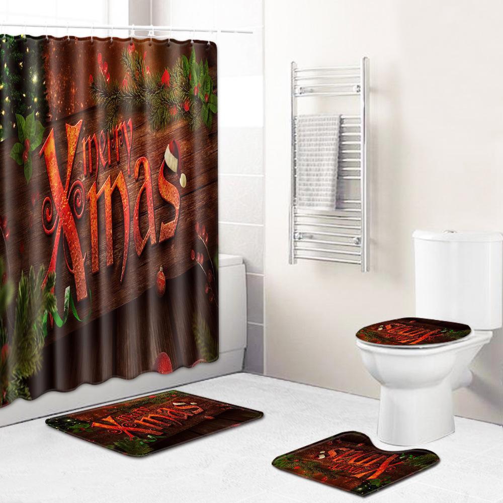Christmas Home Shower Curtain Polyester Cloth Four-Piece Toilet Floor Mat Bathroom Non-Slip Door Mat Bedroom Carpet