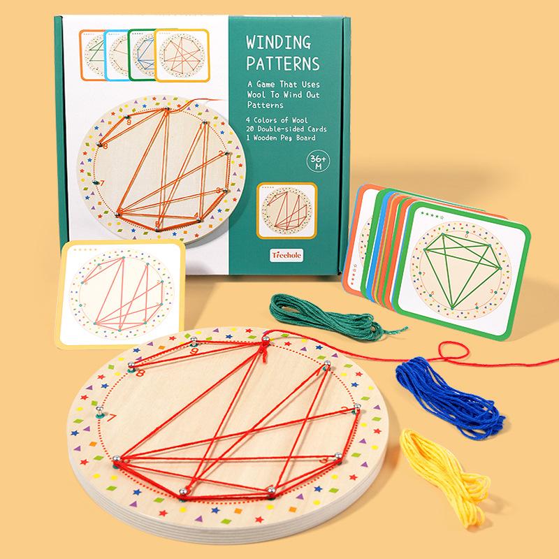 Children's teaching aids rope graphics early education toys children's intellectual development geometric creativity wooden threading nail board