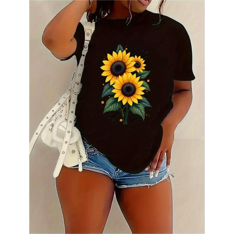 

Women s Black Sunflower Floral Print T-Shirt Casual Short Sleeve Crew Neck Summer Comfort Top 4XL чорний