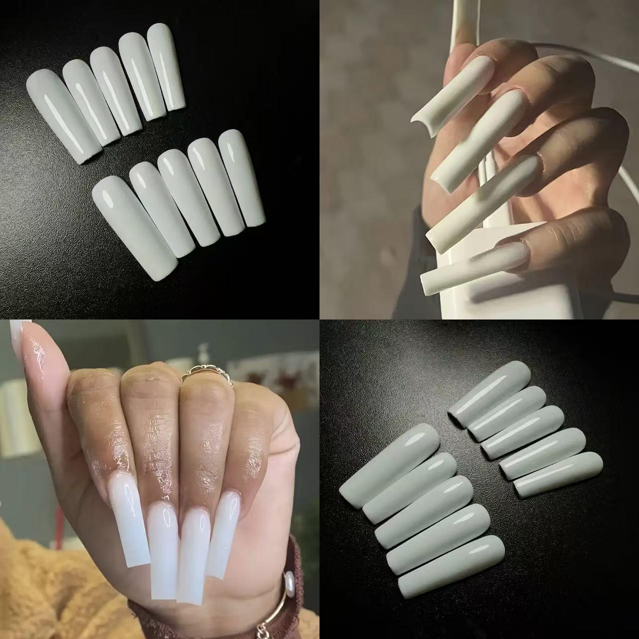 

24pcs Extra Long White Press-On Square Nails with Nail Art Stickers - European and American Style