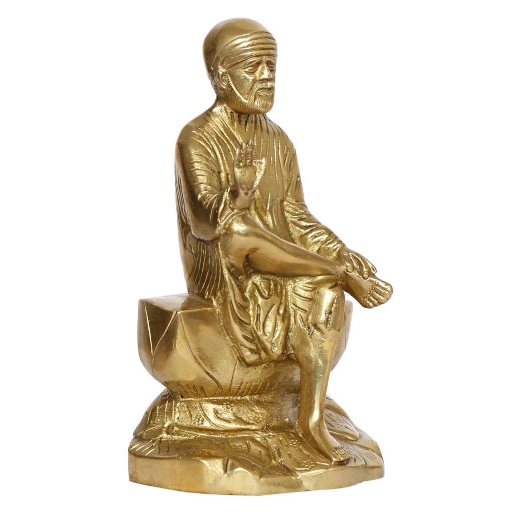 Original Brass Sai Baba Blessing Idol In Gold Color, Religious Murti - 8 Inch