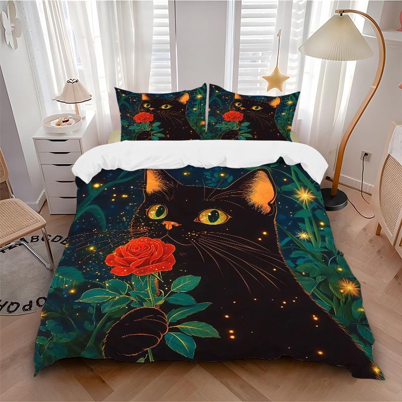 3pcs Rose and Attractive Black Cat Print Bedding Set (1 Cover + 2 Pillowcases, Without Inserts), This Printed Bedding Set is Soft and Comfor
