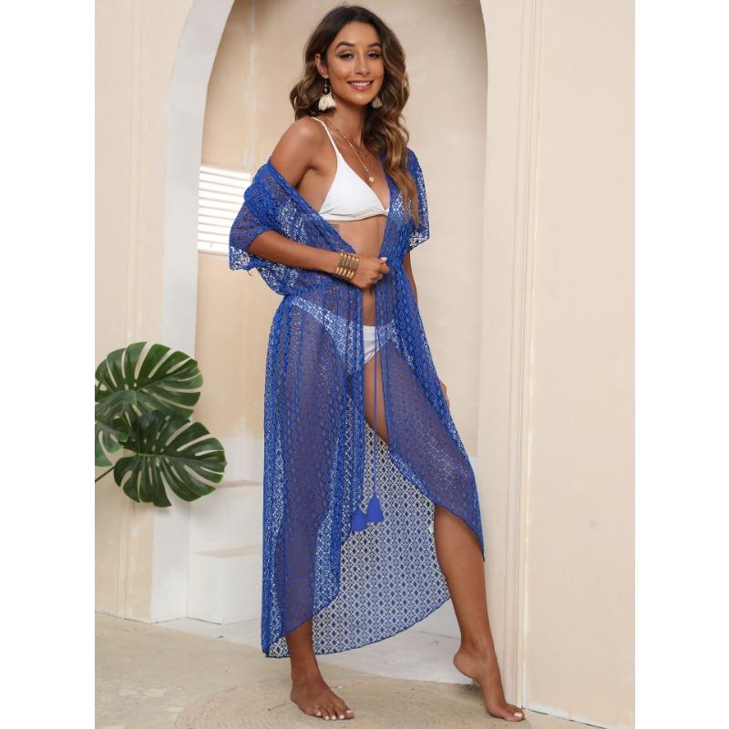 Women's Cover-up Seaside Holiday Beach Cardigan Plus Size Irregular Tie Sexy See-through Lace Shirt