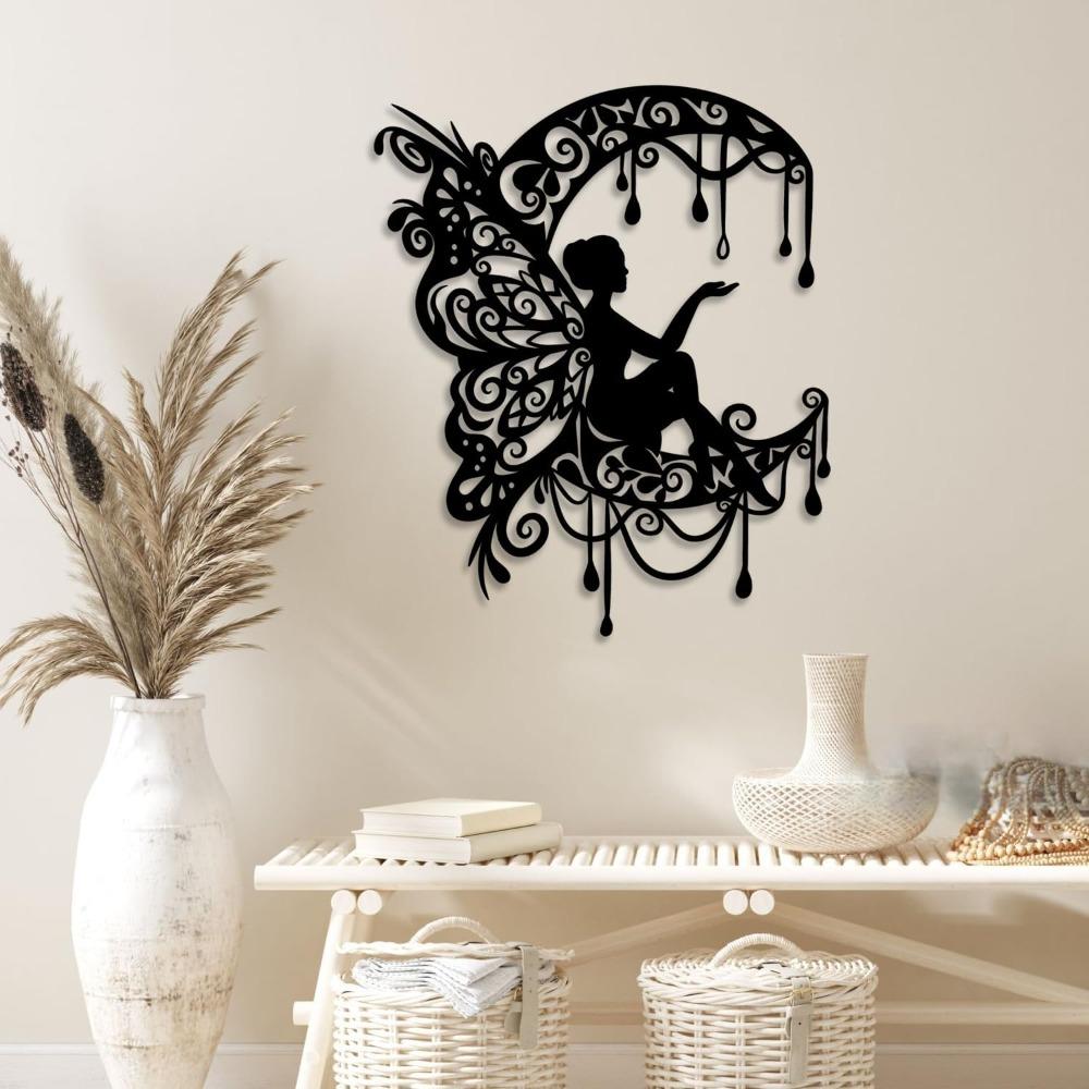 Handmade Iron Moon Flower Fairy Wall Art, Rustic Black Metal Decor for Living Room Bedroom Outdoor