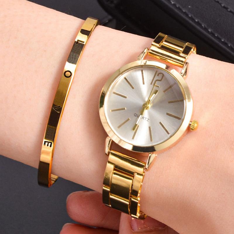 

2pcs Set Watch Luxury Women Simple Dial Hollow Strap Fashion Gold Bracelet Quartz Wristwatch Student Ladies Watches Reloj Mujer