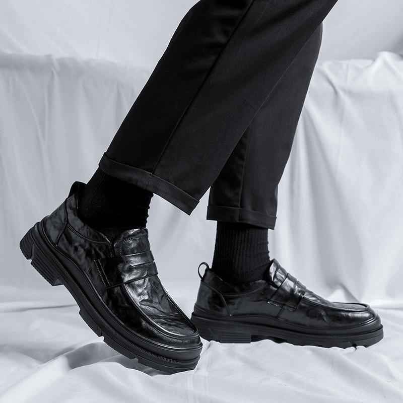 Leather Shoes Men'S New Trend Business Casual Shoes Black Big Head Shoes Platform Work Shoes 91844-R