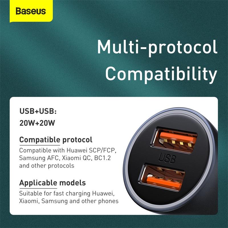 

BASEUS Golden Contactor Pro Dual USB Quick Charger Car Charger 40W[with USB to Type-C Data Cable] As Shown A