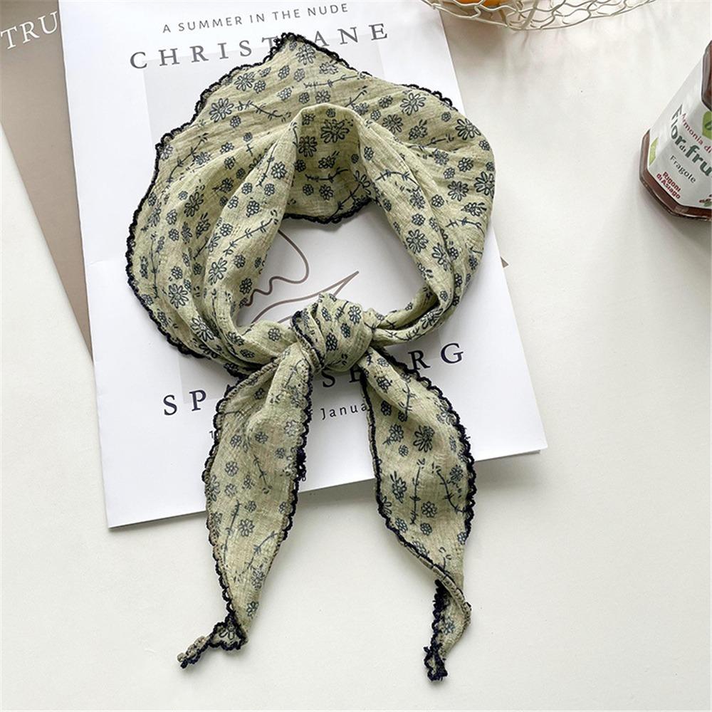 Lightweight Floral Triangle Scarf Korean Style Thin Vintage Neck Scarf Head Wrap Breathable Cotton Linen Scarf for Women
