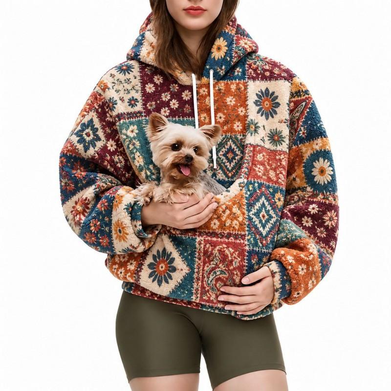 Womens Hooded Fleece Sweatshirt With Pet Pocket Loose Plus Size Winter Warm Casual Top