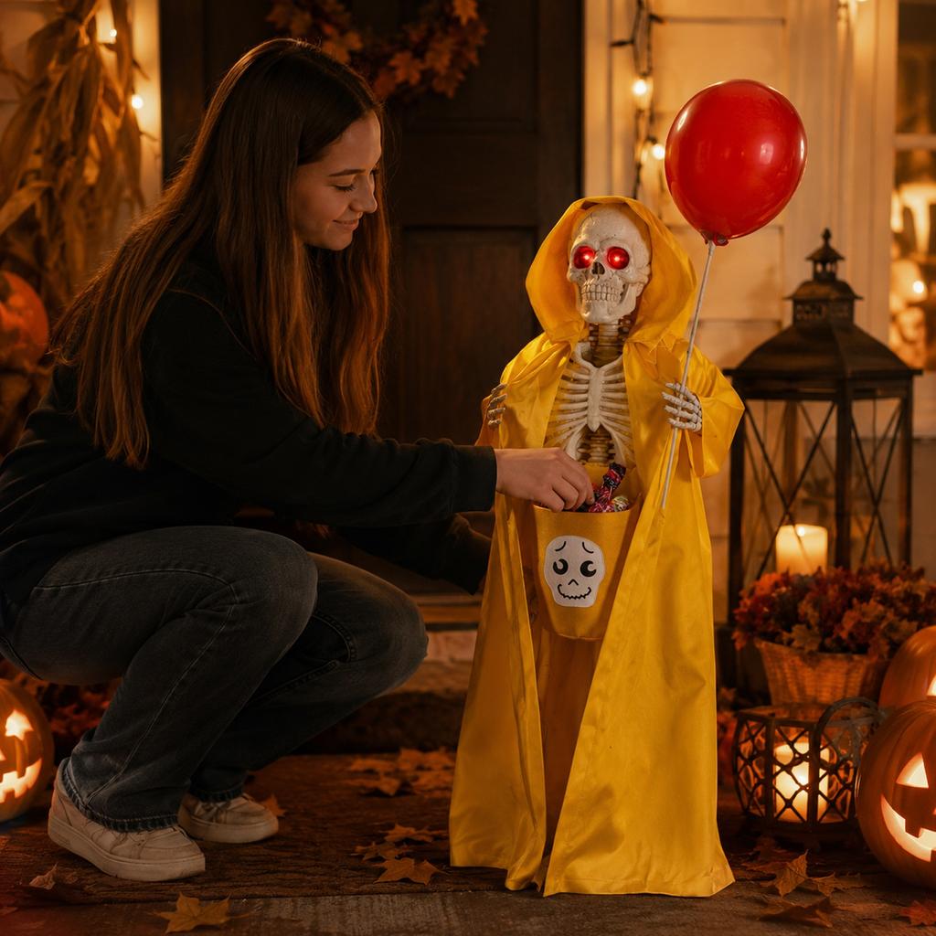 Halloween Skeleton Animatronic with Light and Sound Yellow Boy Decoration for Yard Porch Decor