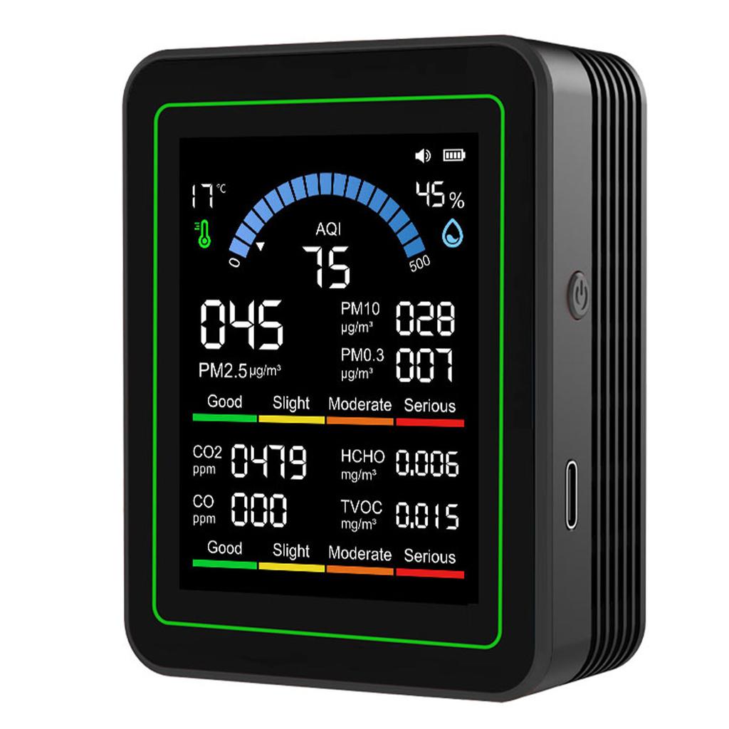 10-in-1 Luftqualitätsprüfer CO2 TVOC HCHO PM2.5 PM10 PM10 PM0.3 Tragbarer Luftdetektor Schwarz