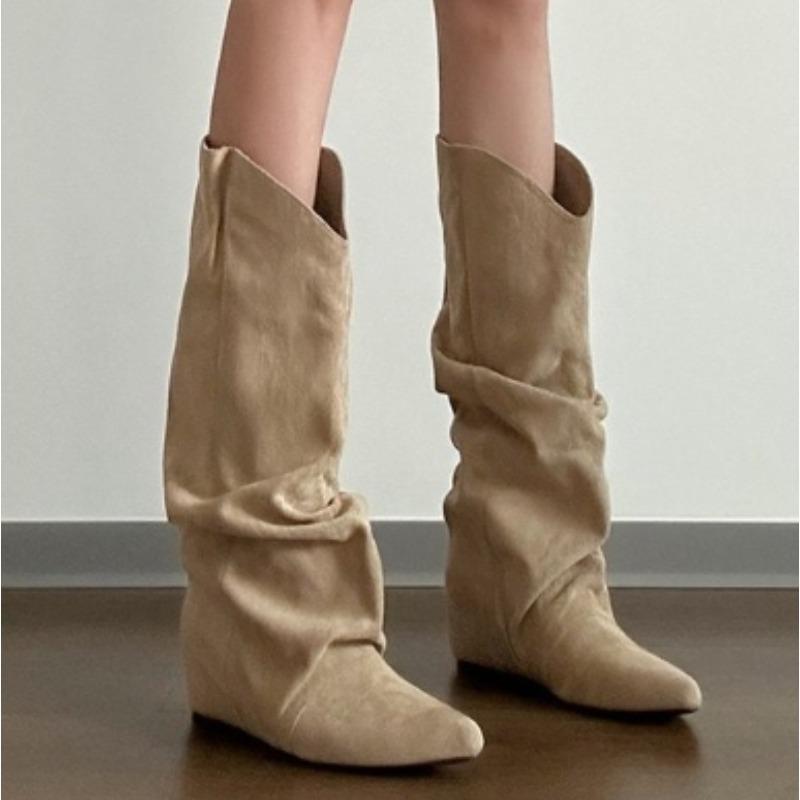 Ny Stil Dams Höst Vinter Veckade Dam Western Cowboystövlar Invändig Höjning Riddar Ankelstövlar Zapatos De Mujer
