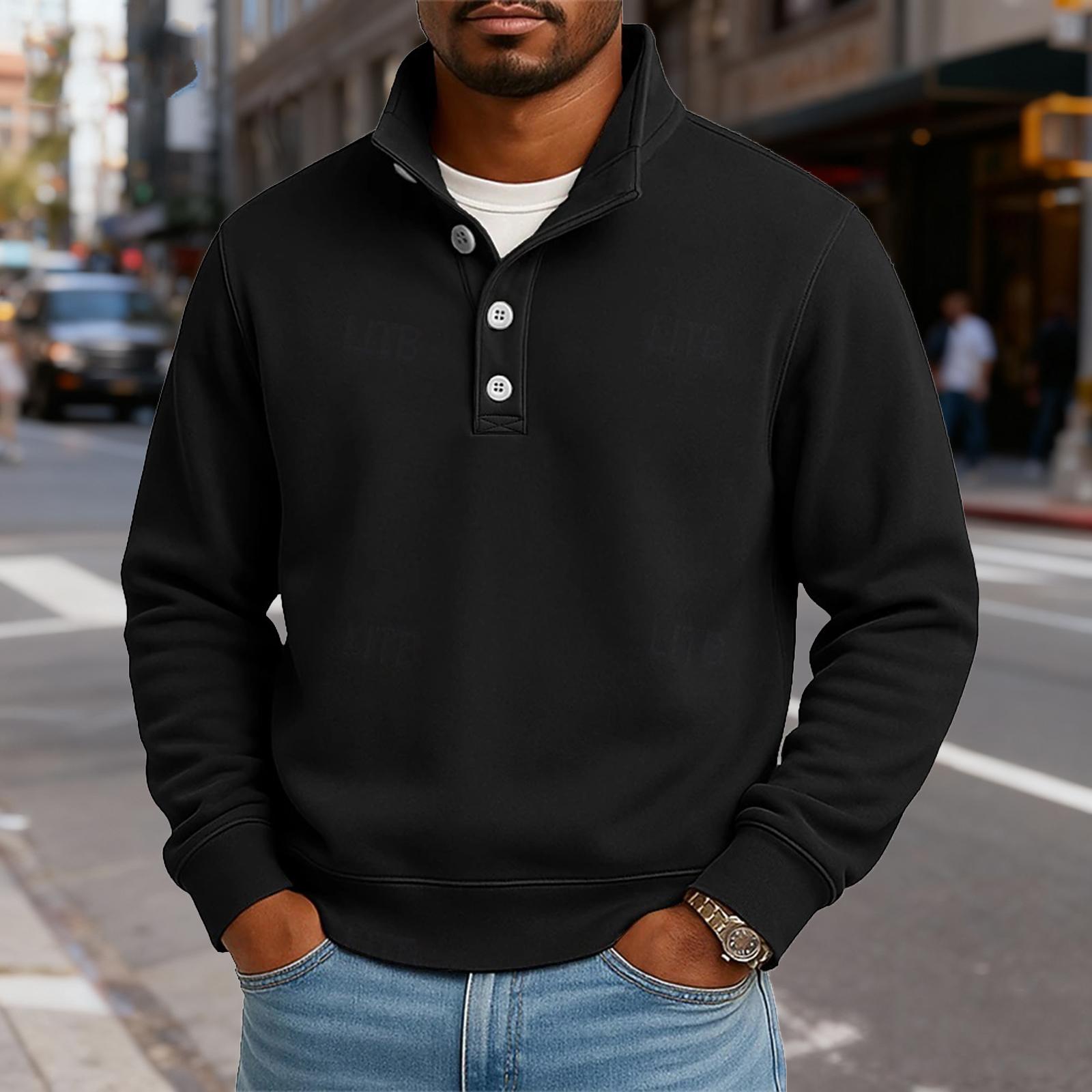 

Мужской повседневный топ с воротником-стойкой и длинными рукавами, однотонный свитшот на пуговицах S чёрный