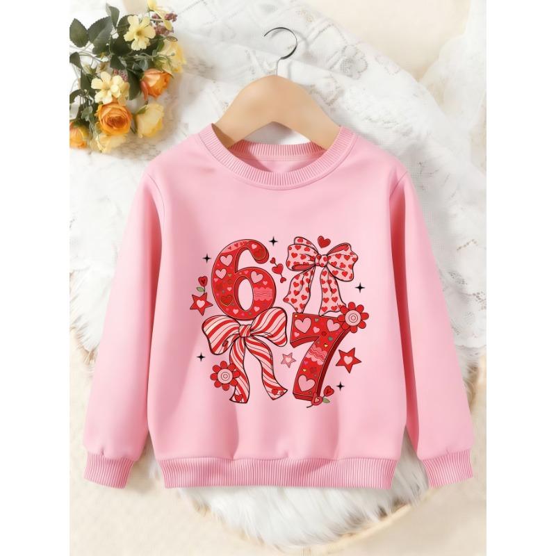 Unisex Kids Crewneck Sweatshirt, Red Heart Bow Number 67 Print Pullover, Boys Girls Cute Birthday Casual Sweatshirt For Kids Over 4 Years Old