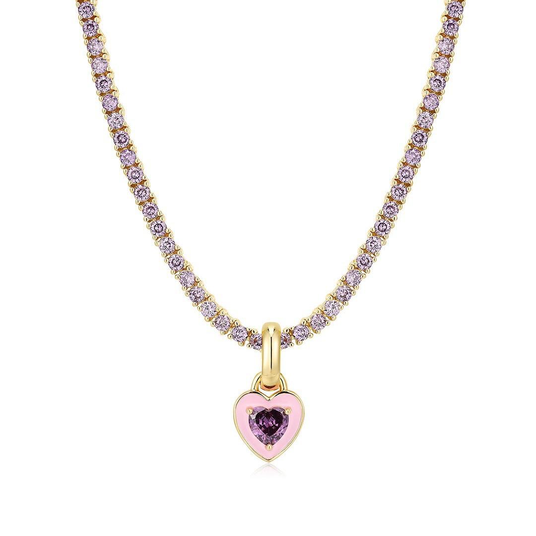 

Y2K Cute Heart Crystal Choker Necklace for Women Luxury Cubic Zircon Tennis Chain Necklaces Stainless Steel Short Neck Zircon фиолетовый