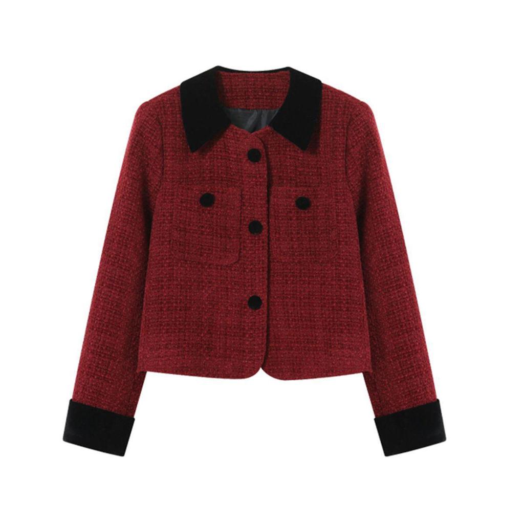 2025 Elegant Petite Red Wool Jacket - Felt French-Korean Style for Women