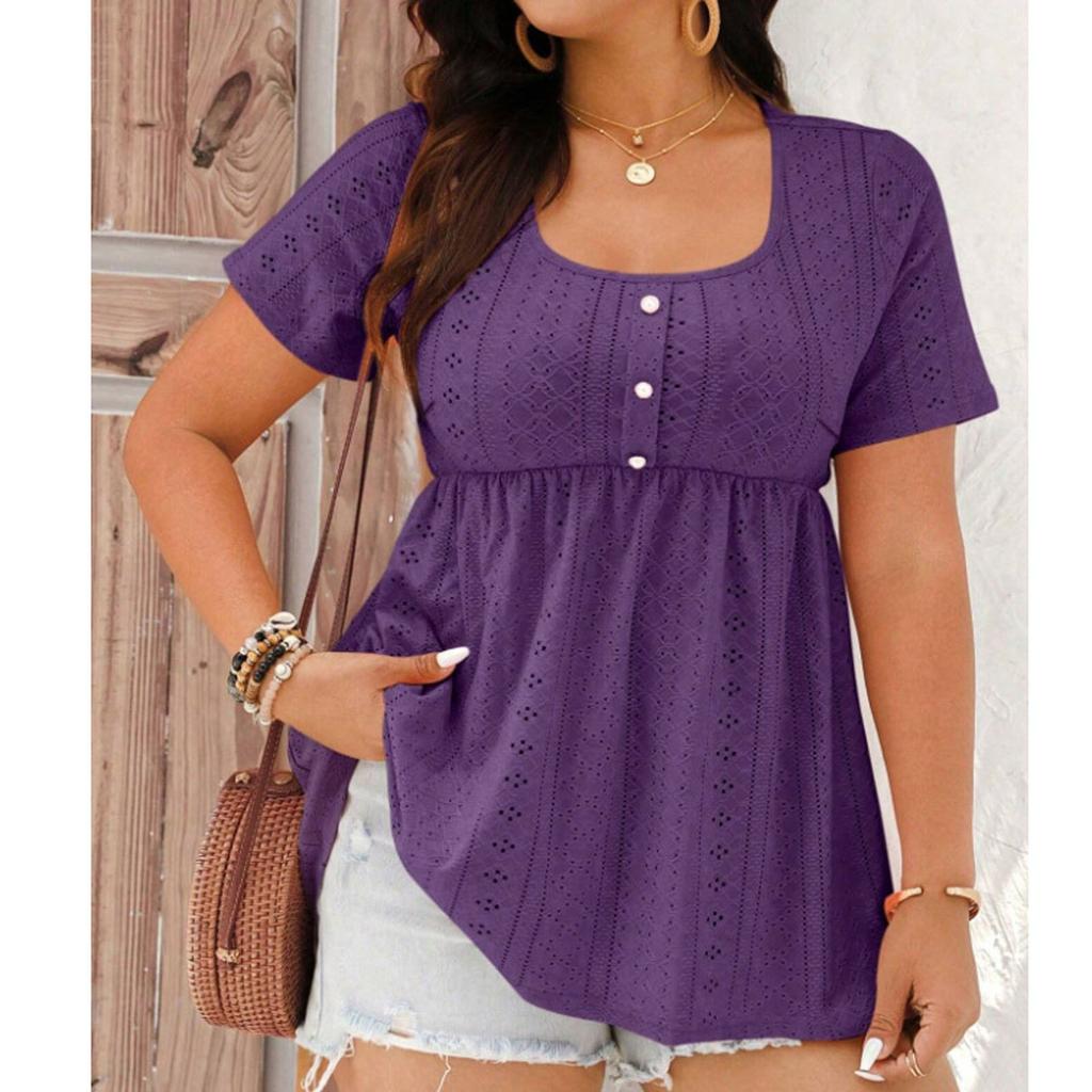 Women's Plus Size Casual Loose Round Neck Short Sleeved Pleated Button Irregular Hem Top