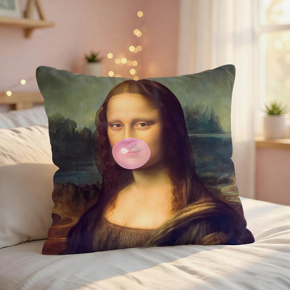 Mona Lisa Interesting Abstract Cushion Cover Silky Short Plush Invisible Zipper Dustproof Sofa Pillow Case For Home Decor