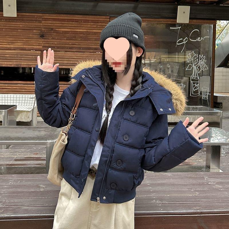 Women's Dark Blue Retro Winter Fur Collar Hooded Short Cotton Coat