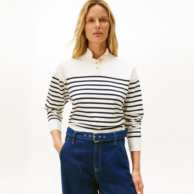 Tommy Hilfiger Elegant Commuter Metallic Buckle Mock Neck Striped Pullover Fitted Knit Sweater Women Tops WW0WW47467