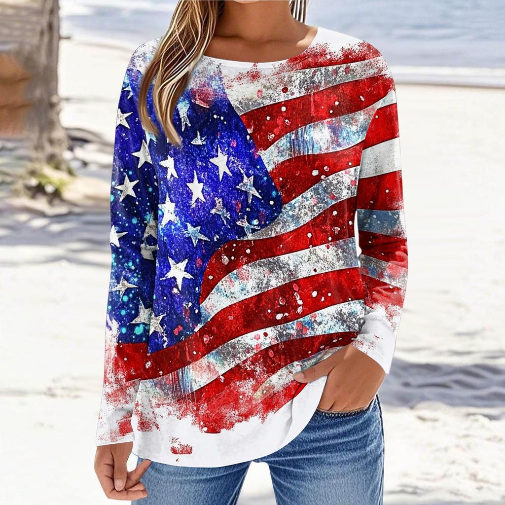 Women’s Casual Long Sleeve Crewneck Top with Independence Day Flag and Floral Print Loose Fit Comfortable Pullover Shirt