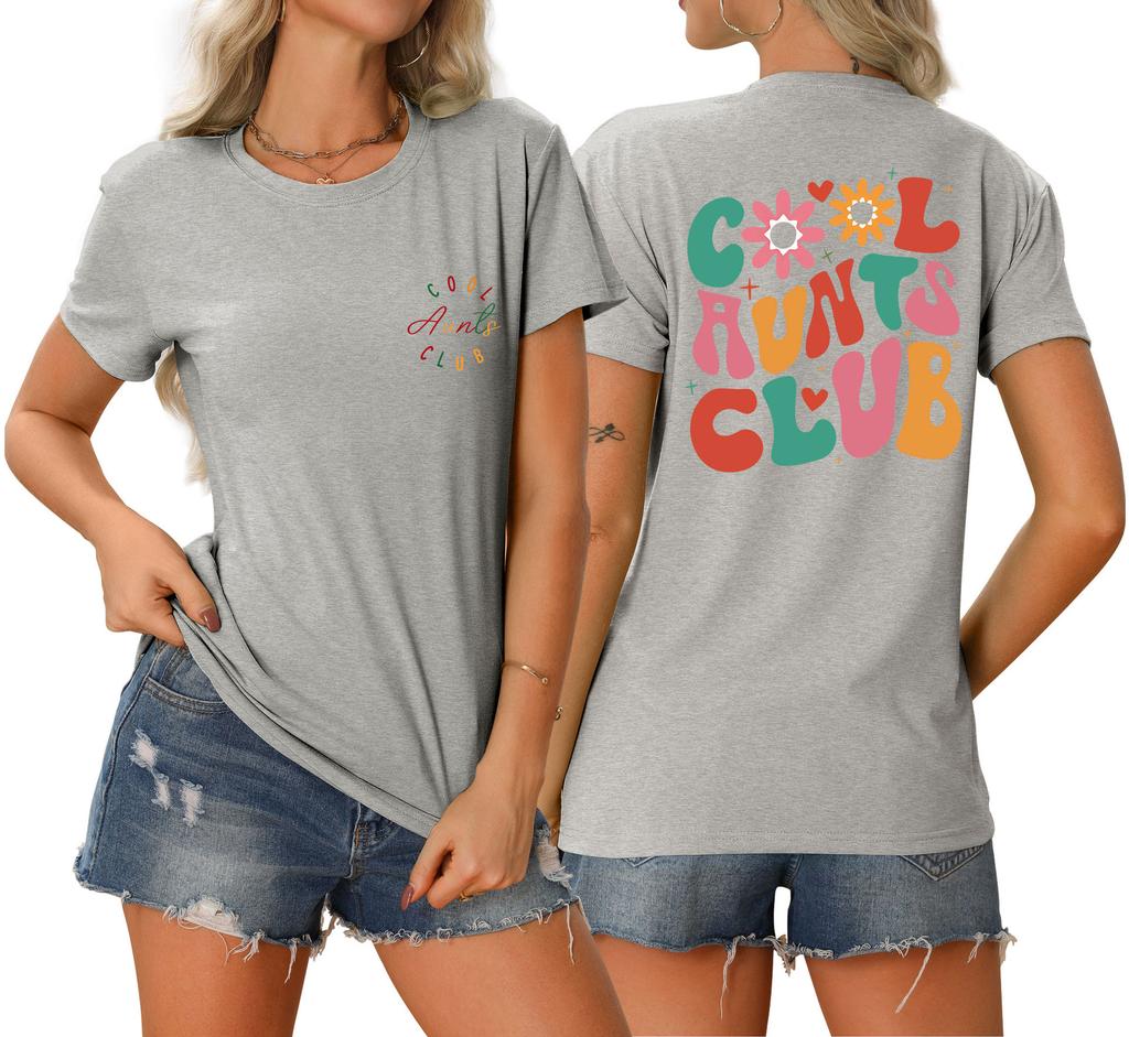 Summer new Womens round neck cool aunts club front and back printed Tshirt loose casual shortsleeved top with a stylish pullo