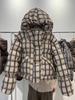 Retro plaid hooded down jacket short winter new college style thickened bread jacket white duck down jacket
