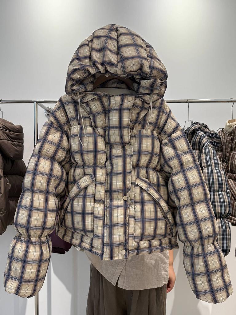 Retro plaid hooded down jacket short winter new college style thickened bread jacket white duck down jacket