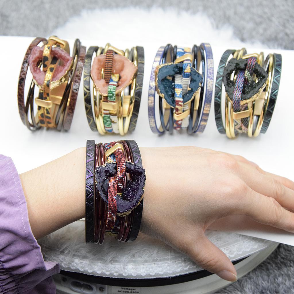 Multi Layer Geometric Hollow Bangle PU Leather Ethnic Style Woman Versatile Bangle Jewelry Accessory