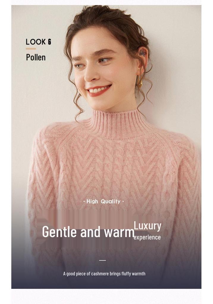 Women's Cashmere Jacquard Sweater: Thick, Heavyweight Three-Strand Knit, Half-High Collar, Loose Fit, Long Sleeve Pullover for Autumn/Winter.