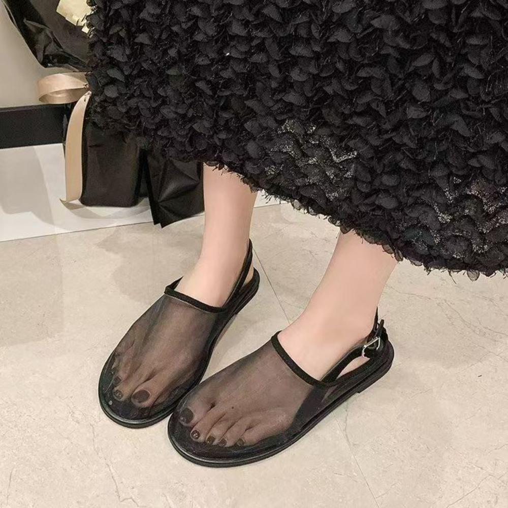 Women's Flat Sandals Mesh Fabric Mesh Shoes Round Head Breathable Flat Bottom Casual Shoes Bag Head Half Slippers Womens Sandals