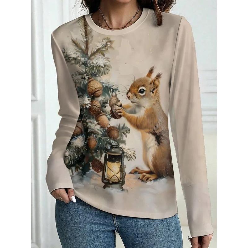 Autumn Women's 3D Squirrel Print Crew Neck T-Shirt