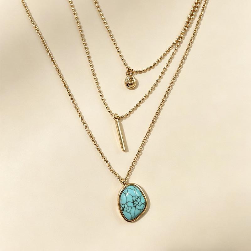 Geometric Turquoise Pendant Necklace For Women And Men With Gold Edge Chain Jewelry