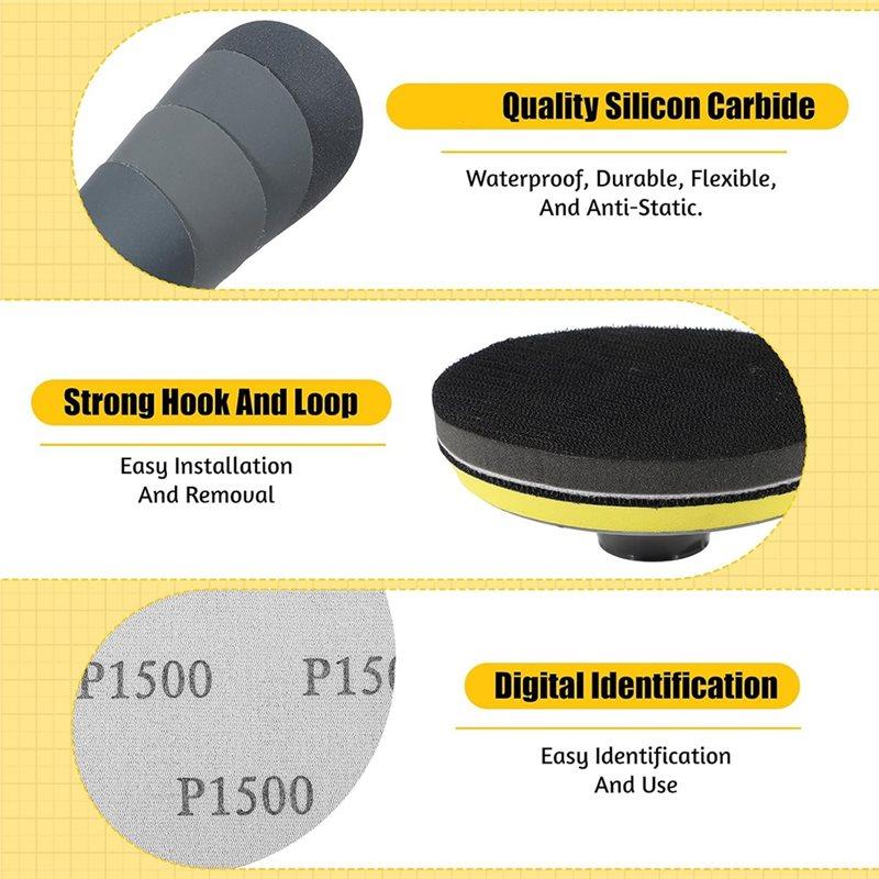 ABWR-For Wood Metal Polishing Sanding Discs Kit- 54 PCS 5 Inch Sandpapers With Foam Backing Pad, 400 To 5000 Grits, Wet Dry Incl