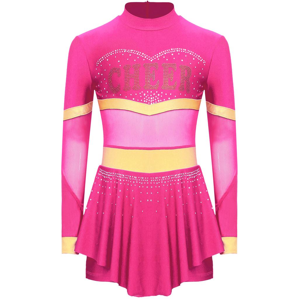 Girls One Piece Cheerleader Costume Long Sleeve Mesh Patchwork Shiny Diamonds Cheerleading Bodysuit