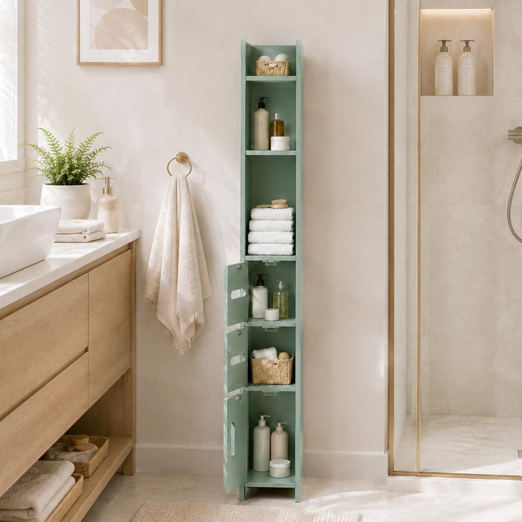 Bathroom Column Cabinet, Tall Toilet Cabinet, Shelves, Cupboards, 15 x 17 x 120 cm, Light Green