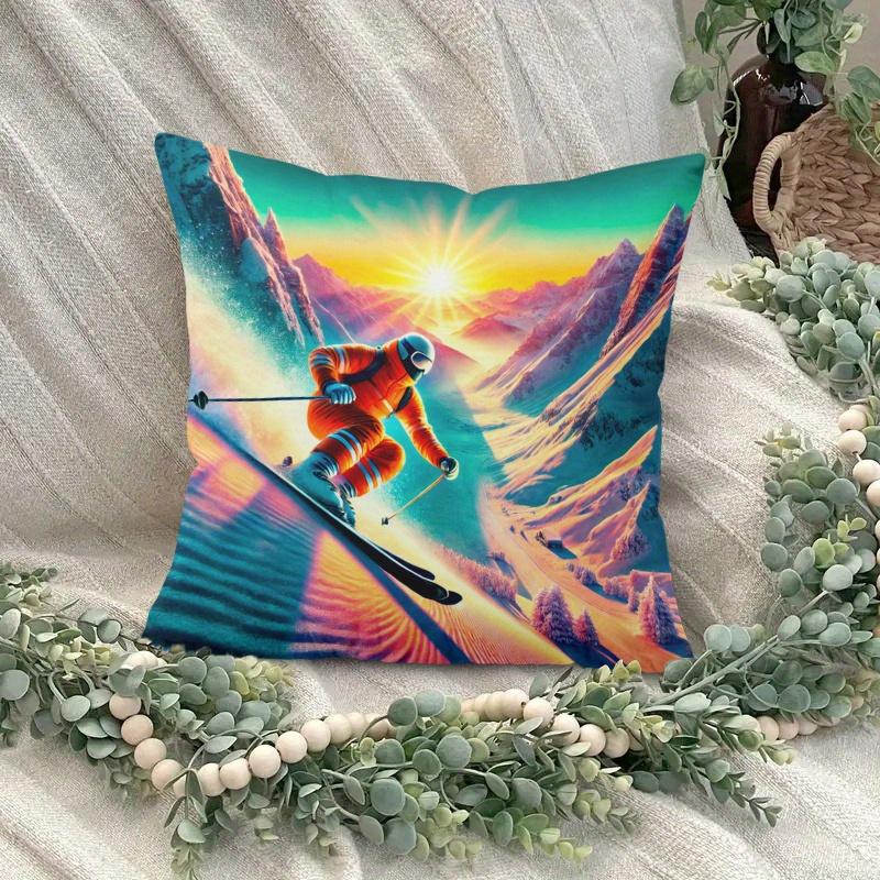 Pillowcase 1Pc, Skier Downhill Slope, Printed Holiday Theme Cushion Cover With Hidden Zipper, Suitable For Sofa, Living Room, Of