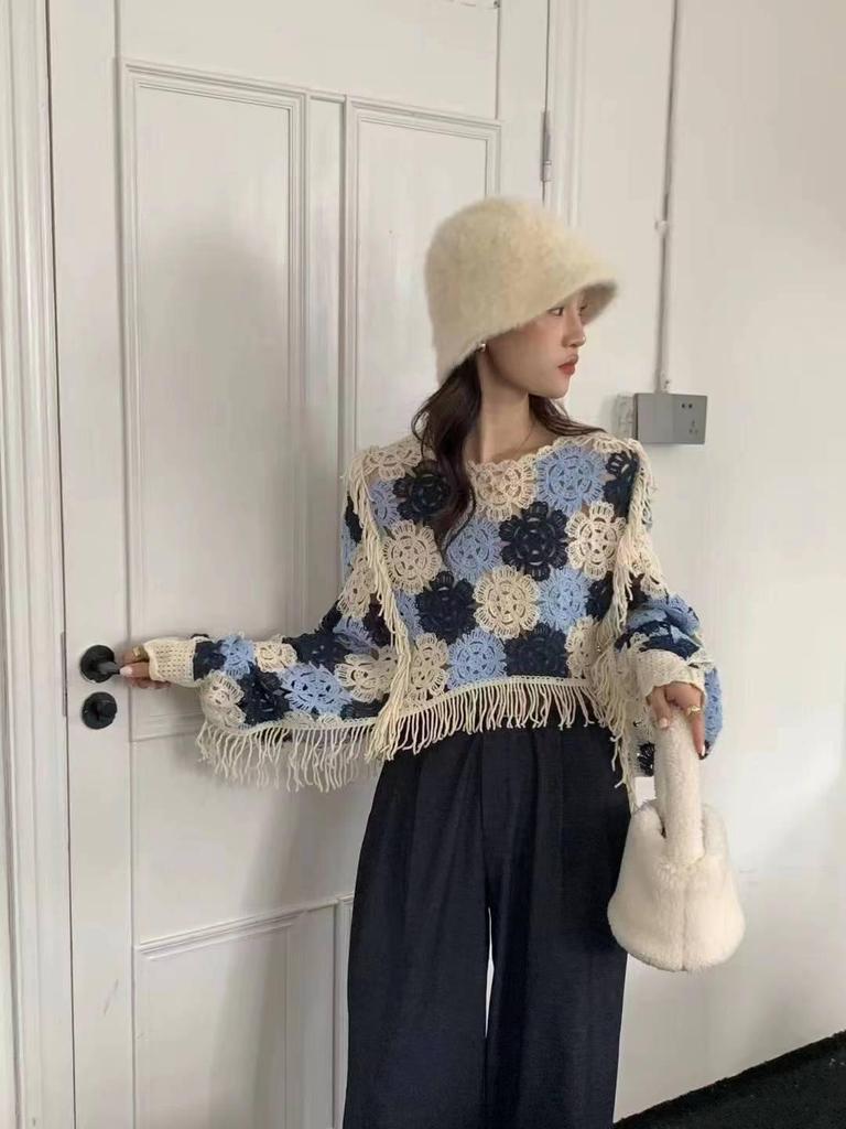 2023 Plus Size Women's Crochet Hollow Long Sleeve Knit Top - Loose & Versatile for Spring/Summer