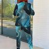 Women Plus Size Two Piece Set Round Neck Long Sleeve Black Gold Printed Top Fitted Pants